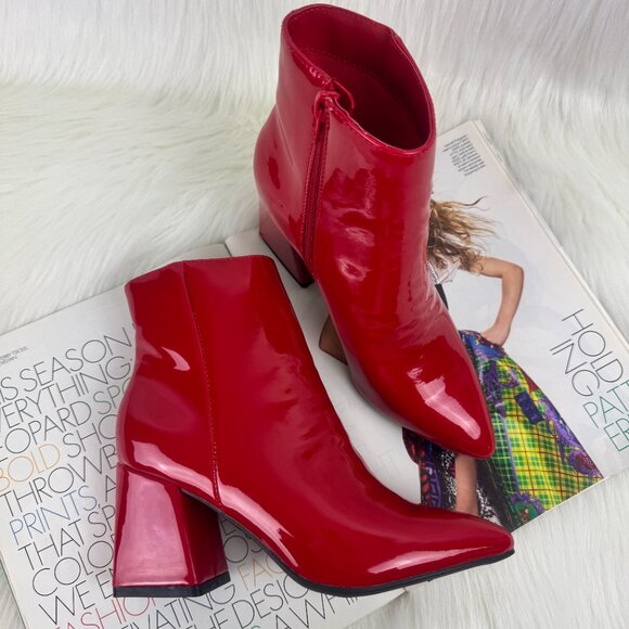 Women's Bamboo Red Faux Patent Leather Chunky Block Heel Ankle Bootie - Picture 3 of 11